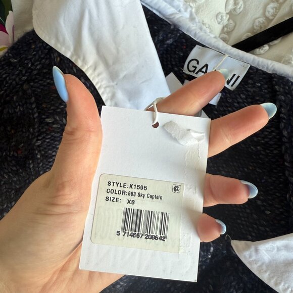 NWT Ganni Cropped Cardigan Sweater Poplin Collar In Sky Captain Cable Knit Wool - Picture 4 of 10